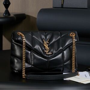 Yves Saint Laurent Black Leather Shoulder Bag with Gold Chain